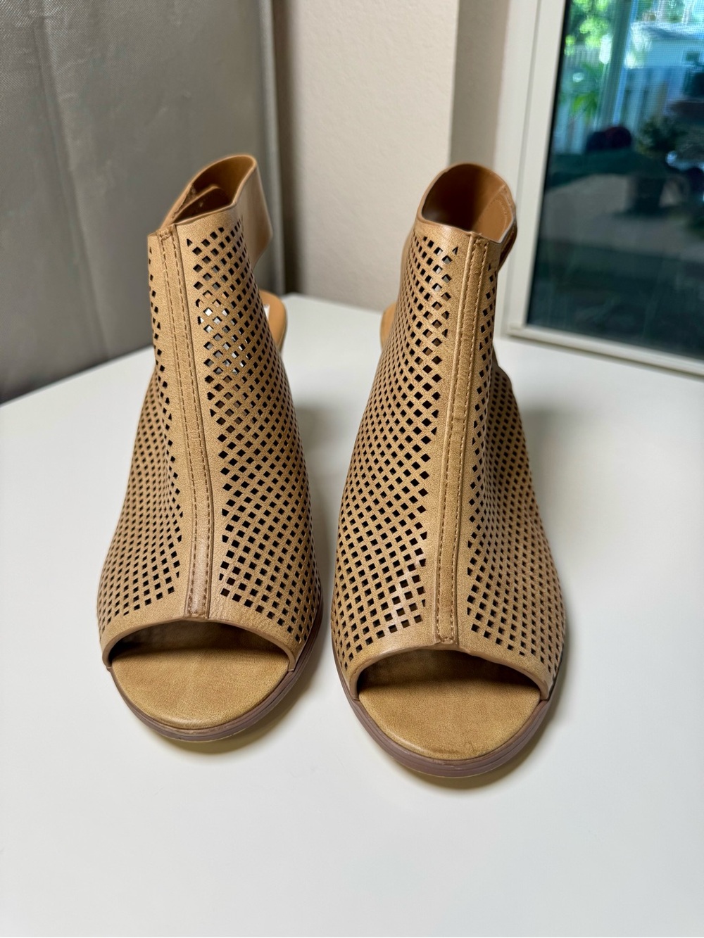 Perforated Peep-Toe Block Heel Sandals - Tan - Picture 2 of 4